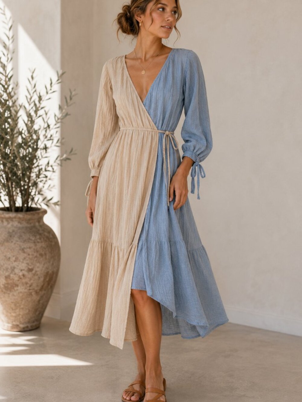 Et Tiger Beige Blue Cotton Wrap Dress Womens L Boho Peasant Casual Quiet Luxury